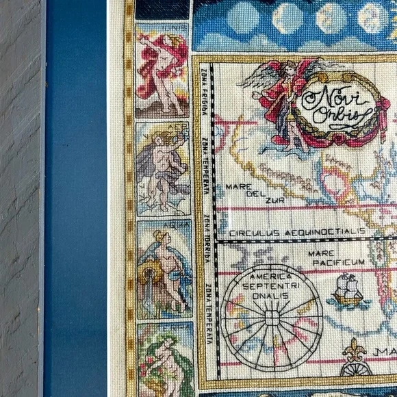 RARE D THOMAS NEW WORLD DISCOVERY MAP FRAMED FINISHED CROSS STITCH